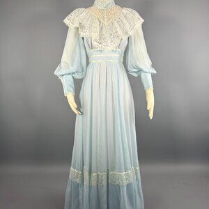 Vintage 70s Candi Jones Boho Maxi Dress, Blue White Cotton Gauze Prairie, Med
